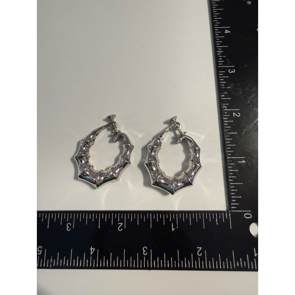 Vintage Napier Silver Tone Bamboo Hoop Earrings Screw Back Door Knocker
